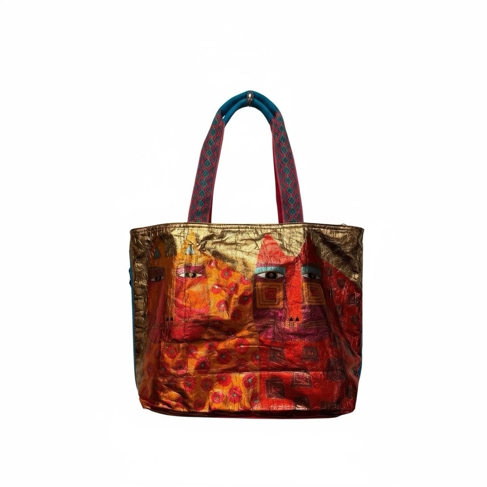 Bolsa tote Laurel Burch grande metálica com zíper gato nova com etiquetas multicolor - Imagem 2 de 4