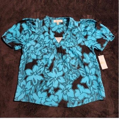 Fever Bluebird Paper Floral V-Neck Cotton Blouse Blue Black PS PJ200640FS NWT