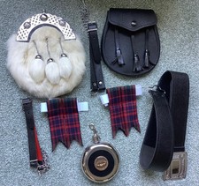 Scottish 7 Pieces , Dress Sporran, Leather Sporran, Flask, Garters, Belt, chains