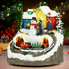 Musical Resin Snowman Christmas Village Figurines with Spinning Train LED Lights