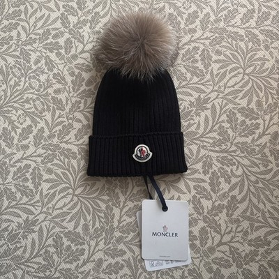 Moncler BERRETTO TRICOT Kinder schwarz gerippt Wolle Beanie Bommelmütze Gr. M - NEU