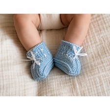 Vtg Handmade Crochet Baby Booties Light Blue White Ribbon Tie Knit Infant Shoes