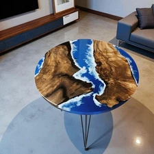 Ocean Epoxy Resin Coffee Table Top, Resin Side Center Table ,Wooden Round Table