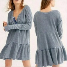 FREE PEOPLE One Jolene Waffle Knit Henley Mini Dress Dusty Blue Sz S {3D9}
