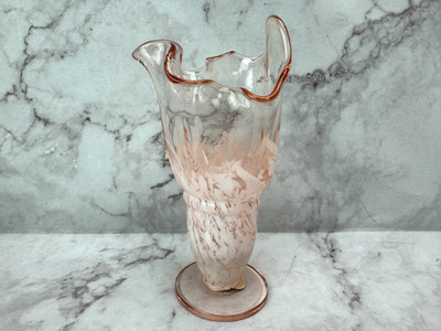 Genuine Lead Crystal Vase Pink and White Confetti Pattern Ruffled 6 3/4  Tall
