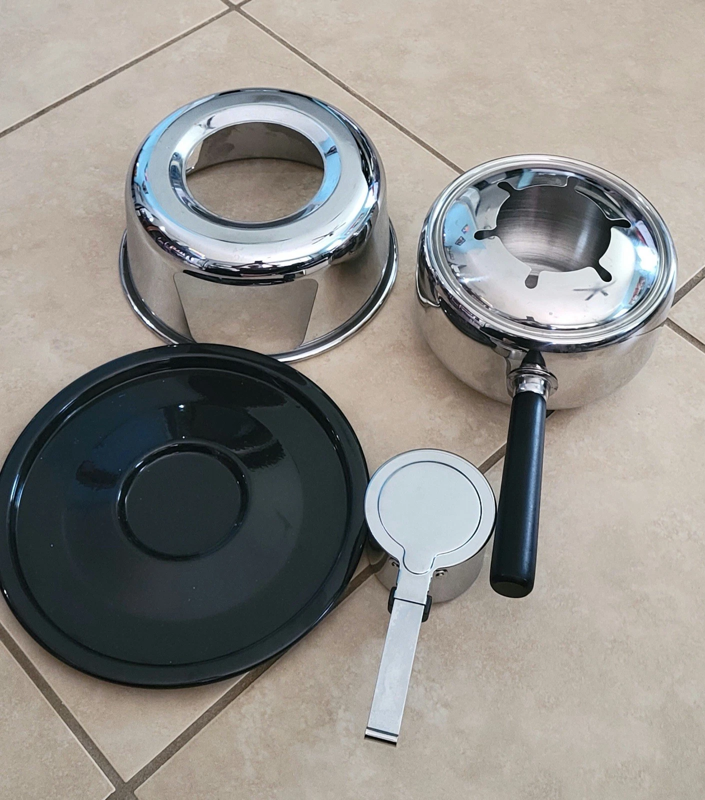 Roshco Fondue Set Stainless Steel With Wood Handle 5 Piece & 6 Forks