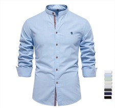 Image of Men's Cotton Stand Collar Brand Shirt | Solid Color Long Sleeve Casual Top