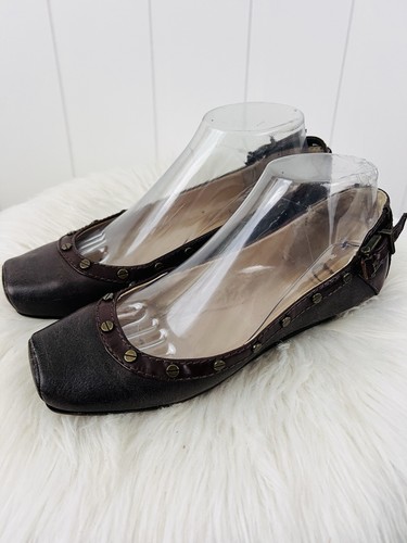 GB Gianni Bini Brown Leather Ballet Flats Studded Square Toe Slip On Shoes 8.5M