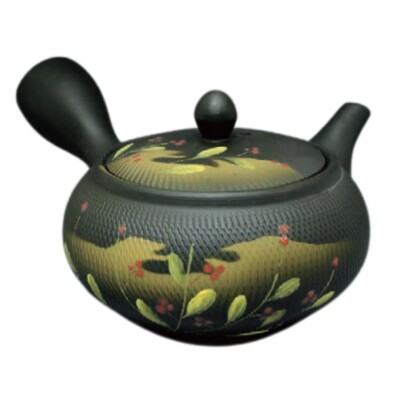 Teapot Kyusu Tokoname - AKIRA - Black - 360 ml cc - Stainless Mesh - Red Floral