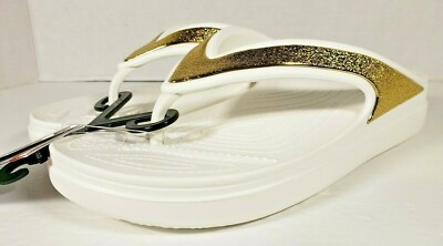 New Crocs Sloane Shine Wedge Flip (206919-100) White/Gold Shiny