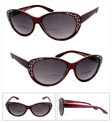 Cat Eye Bifocal Sunglasses Sun Reader with Rhinestones Translucent Red Frame