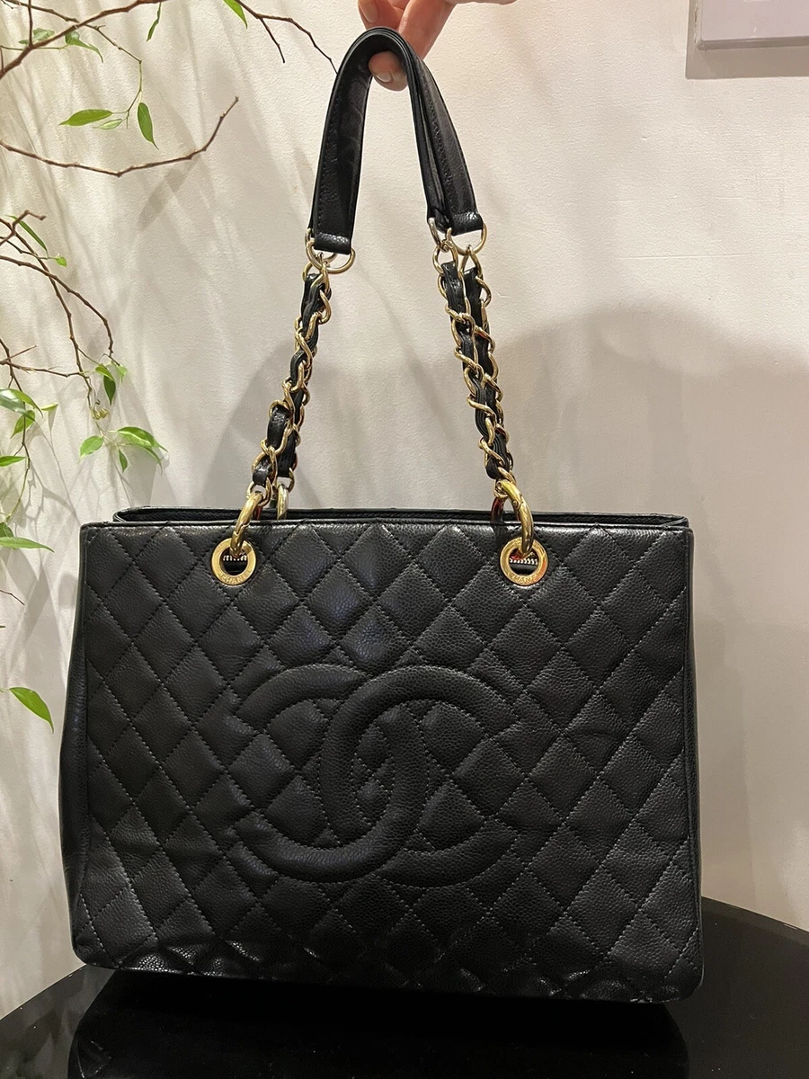 100% Authentic Chanel Caviar Leather Black Grand Shopping Tote Bag Gold  Chain