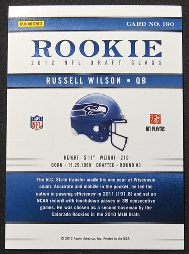 2012 Panini Elite Rookie /799 Base Holo Prizm #190 Russell Wilson RC SP NYG - Picture 4 of 9
