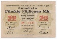 GERMANY BÖBLINGEN SINDELFINGEN 50 MILLIONEN MARK 1923 EMERGENCY MONEY NOTGELD