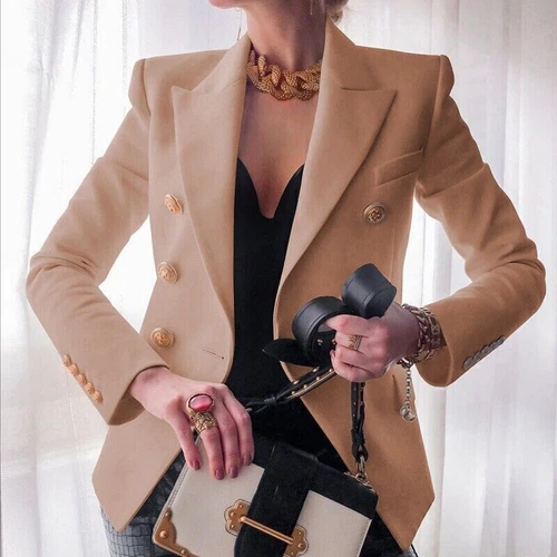 Damen zweireihiger Anzug Blazer Mantel Langarm Revers formelle Jacke Outwear - Bild 9 von 27