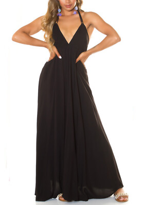 Damen Sommer Maxi Lang Kleid ausgestellt weit Trapez V-Ausschnitt K273 Neu