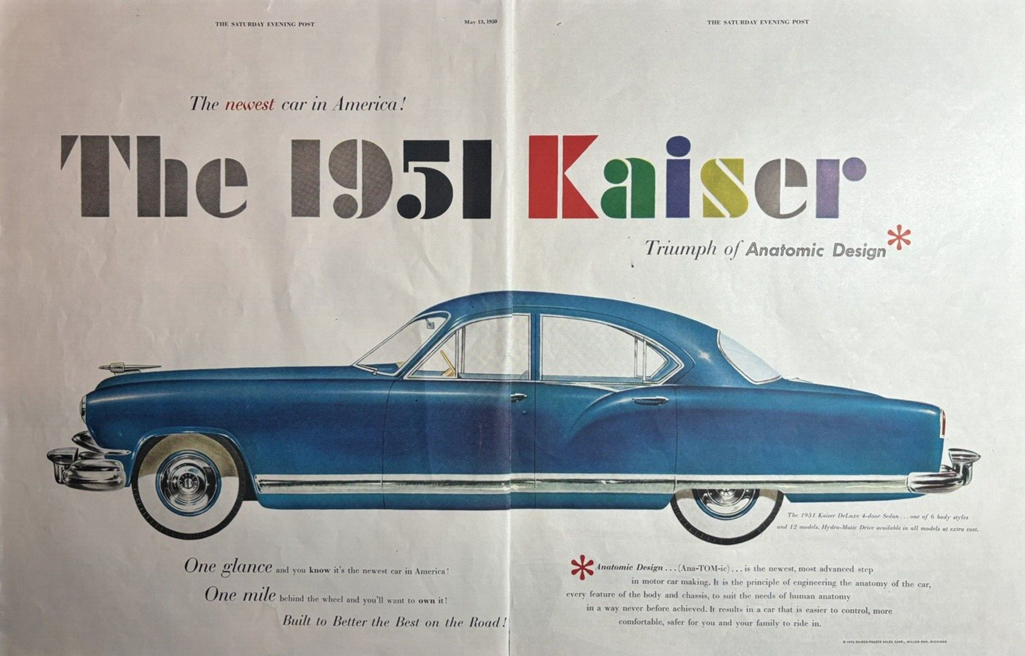 1951 Kaiser Automobile De Luxe 4 Door Sedan Anatomic Design Vintage Print Ad