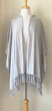 Minnie Rose O/S Gray Cotton Hooded Poncho Shawl Ruana with Fringe