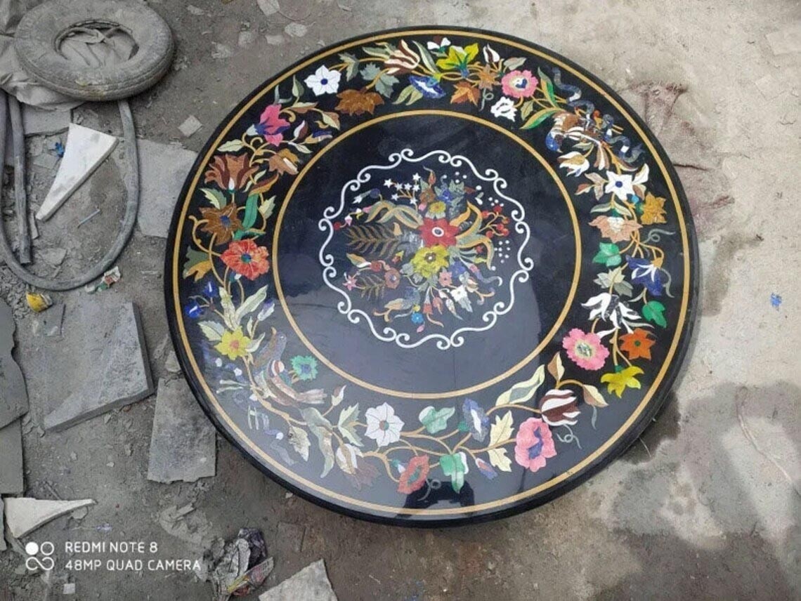 30-Inch Round Black Marble Coffee Table with Semi-Precious Stone Floral Inlay Design