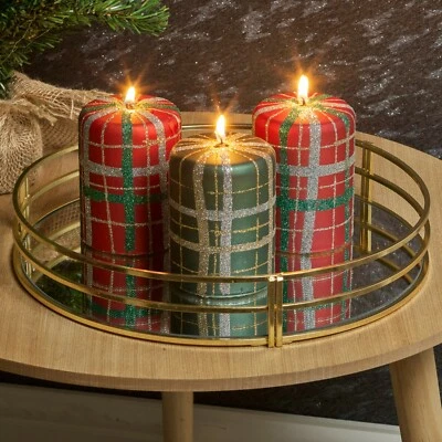 URBN-LIVING 3-Pack Tartan Glitter Christmas Candles 40-Hour Red & Green Wax Home Decor