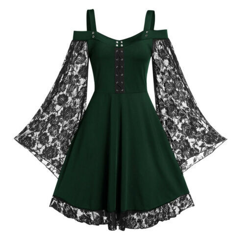 Plus Size Women Victorian Gothic Mini Dress Cold Shoulder Lace Up Tops UK 18-26 - Picture 17 of 18