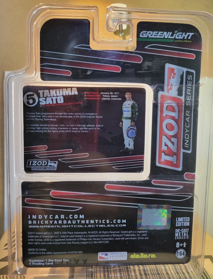 GreenLight Indycar Series #5 2011 Takuma Sato IZOD 1:64 Honda Lotus ¡En muy buen estado persecución! Foto 2 de 3