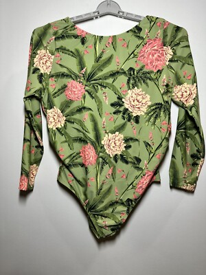 Women's Peony Print Long Sleeve Medium Coverage Swimsuit - Agua Bendita 2X Green
