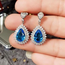 4Ct Pear Cut Lab-Created Blue Topaz Drop  Dangle Earrings 14K White Gold Plated