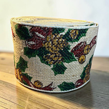 Christmas Burlap Wired Ribbon Spool 4" Wide Multicolor Printed Design Crafts