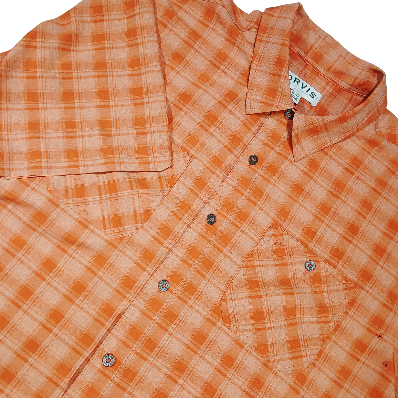 Orvis Classic Collection Orange Plaid Short Sleeve Shirt XL Vented Fishing