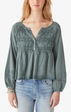 Lucky Brand Smocked Babydoll Top Textured Emerald Green Long Sleeve Size XL Boho