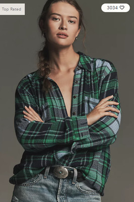 ANTHROPOLOGIE The Hadley Relaxed Plaid Buttondown Shirt by Pilcro  - Green / Blu