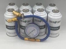 Enviro-Safe R-600a Refrigerant Inverted Piercing 6 oz 8 Cans and Brass Gauge