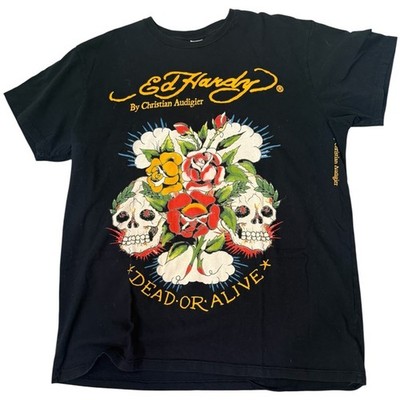 Ed Hardy Y2K Mens XL Black Dead or Alive Skulls Roses Graphic T Shirt USA