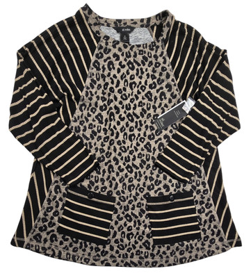 Ali Miles Brushed Knit Animal Print Round Neck 3/4 Sleeve Patch Pocket Tunic M