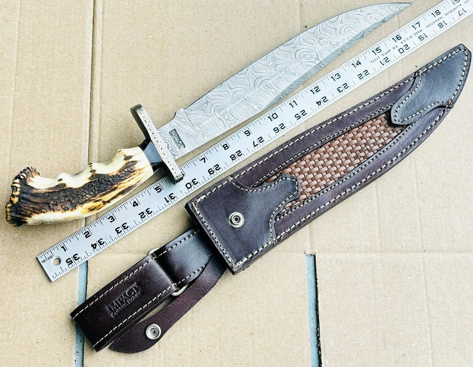 Cubiertos de impacto hechos a medida Damasco D2 hoja Bowie 18" cuchillo ciervo mango cuchillos Foto 2 de 4
