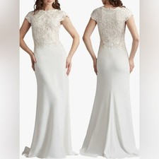 NEW Tadashi Shoji Isadora Embroidered Crepe Ivory White Gown Sz 14