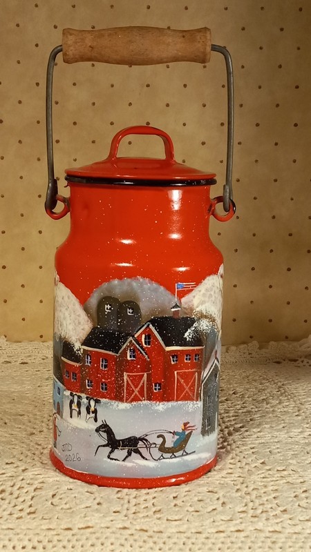 VINTAGE RED & BLACK ENAMEL MILK CAN 7" HIGH WINTER COUNTRY FOLK ART HAND PAINTED