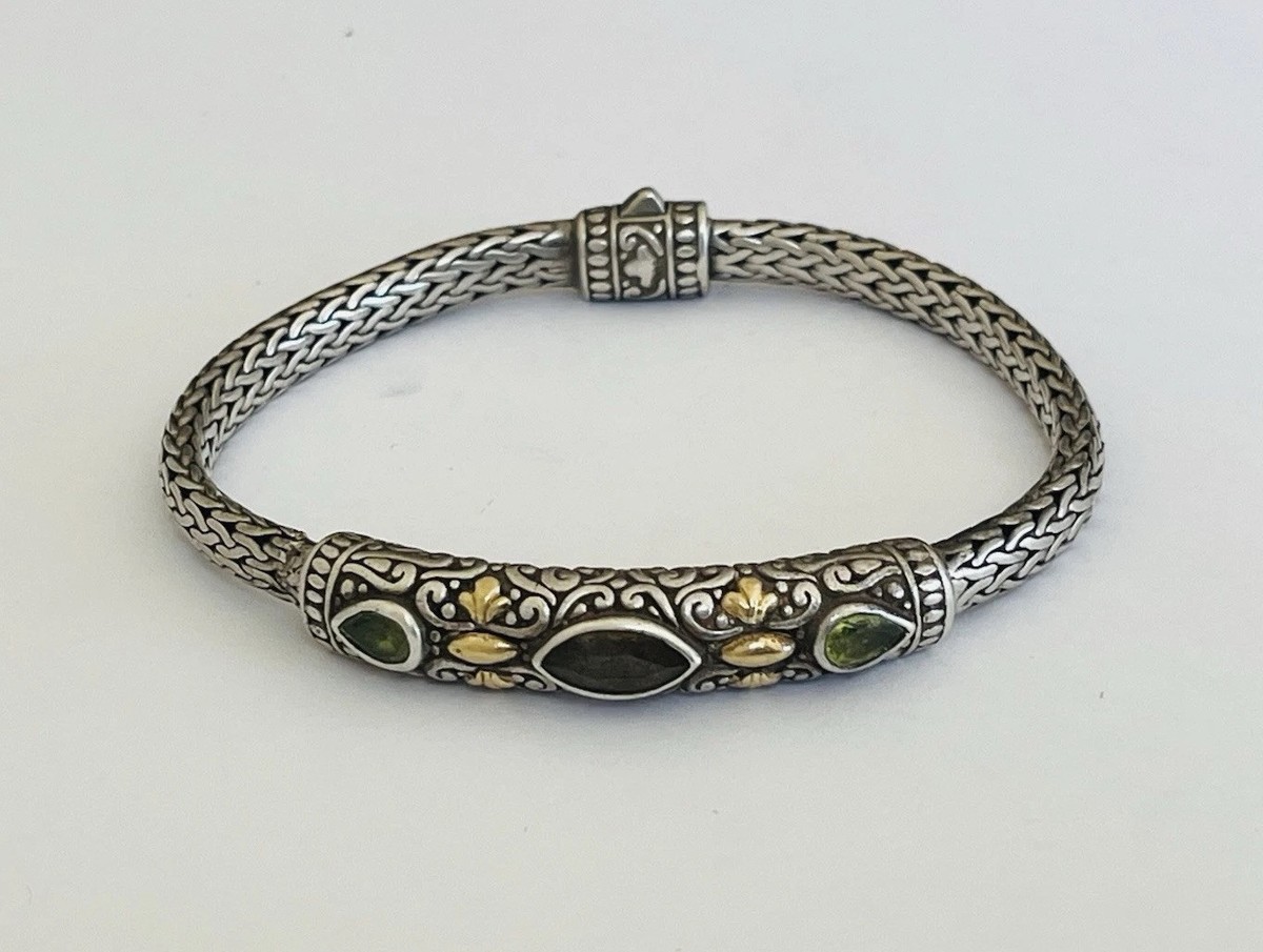 Samuel Benham 18K Yellow Gold Sterling Silver Peridot Foxtail Chain Bracelet