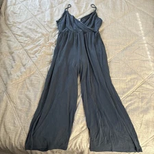 Sienna Sky Women’s L Blue Romper Spaghetti Strap Wide Crop Leg V-Neck Tie Wrap 