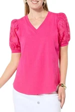 DG2 by Diane Gilman Women's Mixed Media Puff Sleeve Top Hot Pink