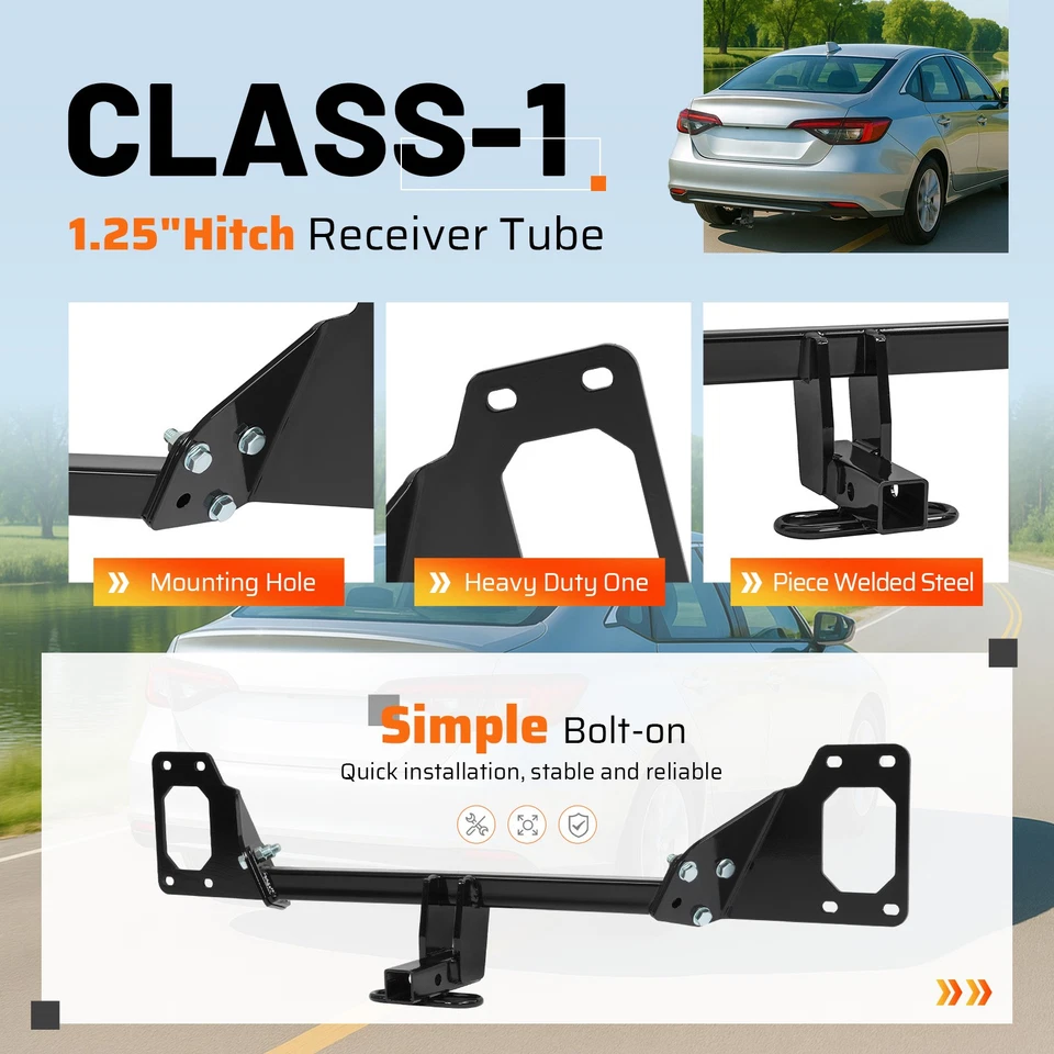 1.25" Receiver Trailer Hitch Class 1 For Honda Civic Exc Center Exhaust 16-25 - Image 3 of 4