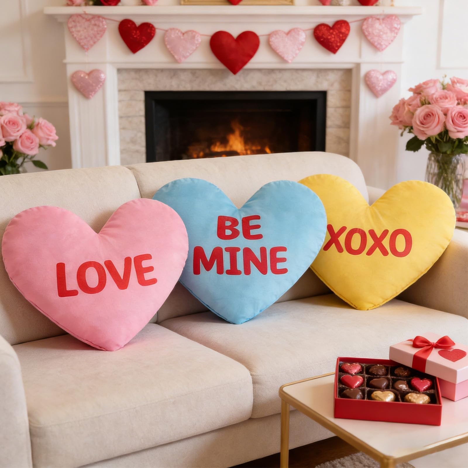 Cumule 3Pcs Valentine's Day Heart Pillows Candy Blue Pink Yellow for Valentines