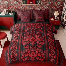Victorian Decor Western Comforter Set with Sheets - Damask 7 Piece Queen Red