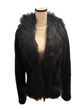 Karen Kane Black Faux Fur Jacket Pink Polka Dot Satin Lining Glam Evening Coat