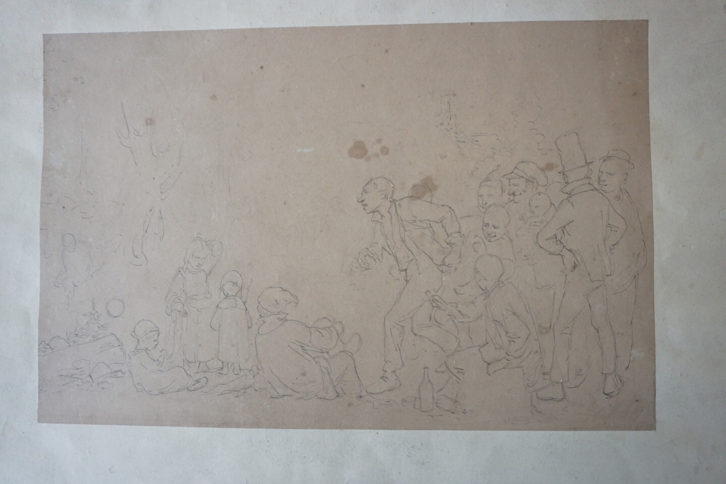 HERMOSO DIBUJO A LÁPIZ BOCETO XIX ESCENA DE GÉNERO HOMBRE NIÑO MUJER DISFRAZ