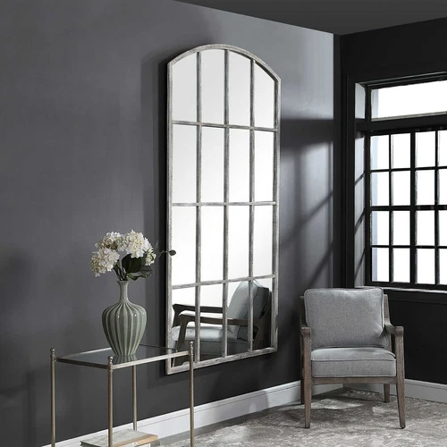 Amiel Ivory Arched Windowpane Wall Mirror Floor Leaner 82in ~ Uttermost 09542 - Picture 5 of 11