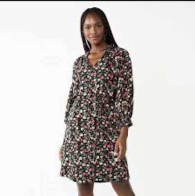 Draper James RSVP Elbow Sleeve Floral Dress Size XL Black Tie Waist NWT