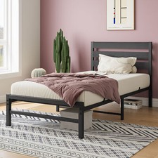 Twin Size Metal Slats Platform Bed Frame with Rustic Vintage Wood Headboard