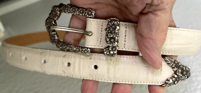 Brighton Vintage Croc Embossed Beige Leather Silver Leaf Etched Belt Size ML 32 Brighton Vintage Croc Embossed Beige Leather Silver Leaf  main image 4